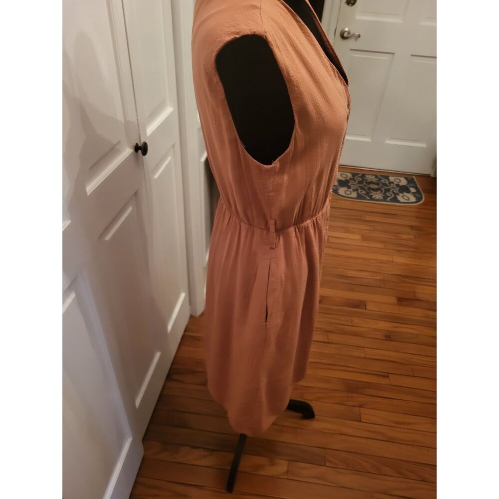 Peach Striped Sleeveless Button Up Dress Pockets sz S Trad Wife Preppy Coastal - Picture 6 of 8